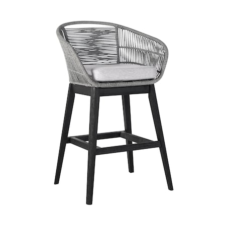Armen Living Tutti Frutti Indoor Outdoor Bar Height Bar Stool in Black Brushed Eucalyptus Wood with Gray Rope LCTFBAGRBL30